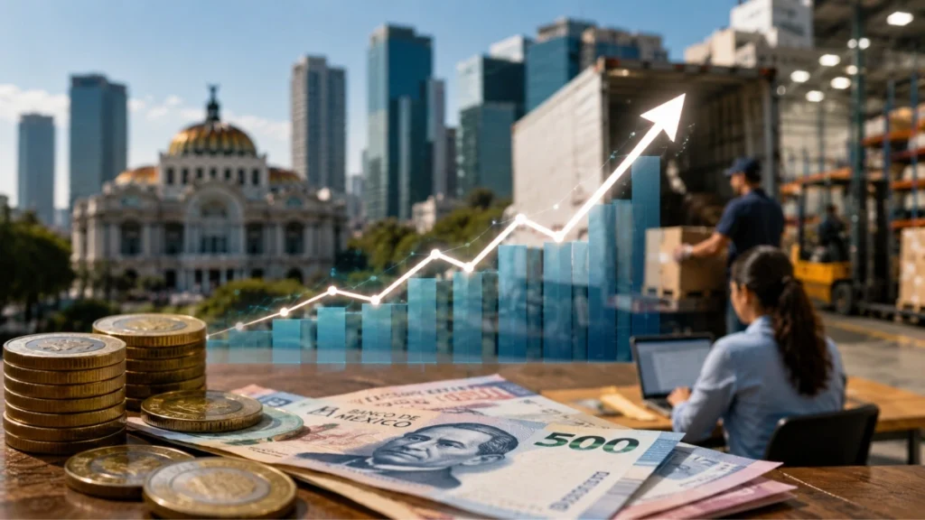Imagen ilustrativa sobre el crecimiento de la economía mexicana con pesos, actividad productiva y una gráfica ascendente