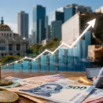 Imagen ilustrativa sobre el crecimiento de la economía mexicana con pesos, actividad productiva y una gráfica ascendente