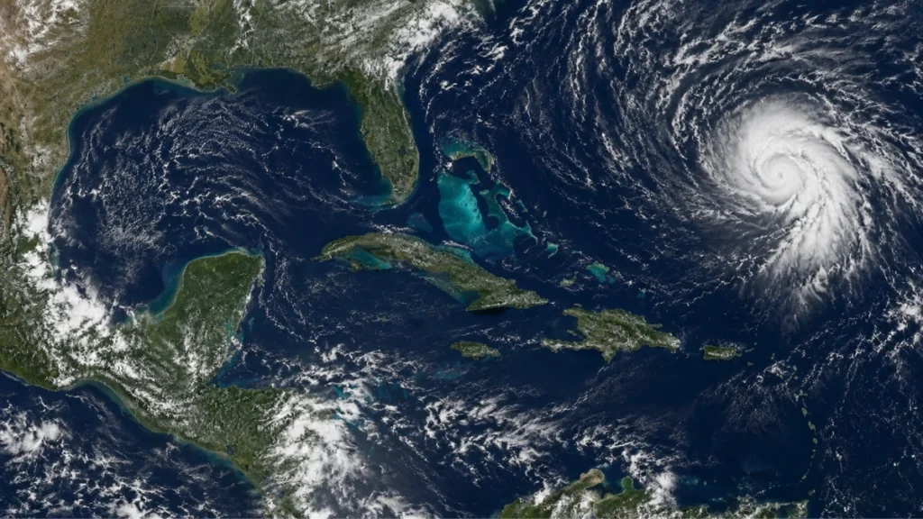 Imagen satelital ilustrativa del Atlántico, el Caribe y la Península de Yucatán con un sistema tropical alejado de la región