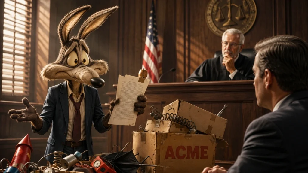 Imagen ilustrativa de un coyote en un tribunal junto a cajas y artefactos defectuosos