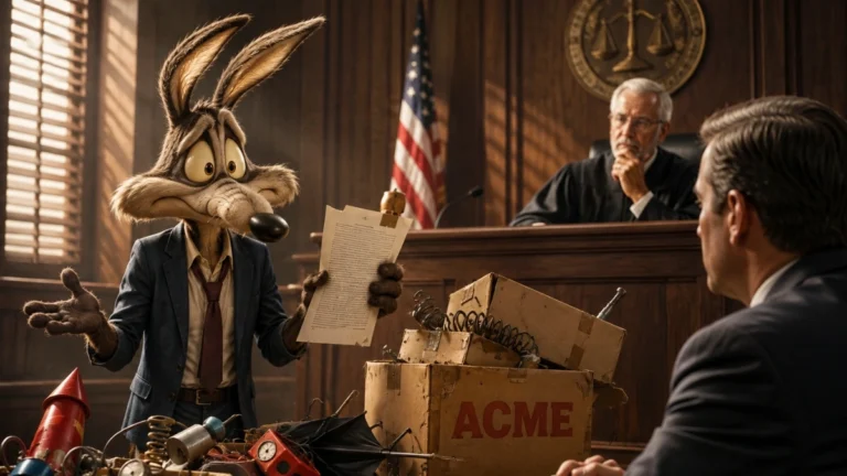 Imagen ilustrativa de un coyote en un tribunal junto a cajas y artefactos defectuosos