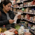 Imagen ilustrativa de una mujer revisando su ticket de compra en un supermercado en México