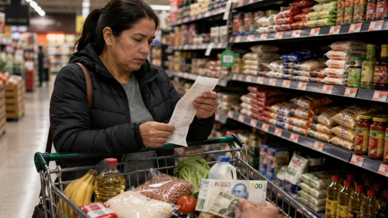 Imagen ilustrativa de una mujer revisando su ticket de compra en un supermercado en México