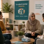 Imagen ilustrativa de un grupo de personas participando en una sesión comunitaria de apoyo en salud mental