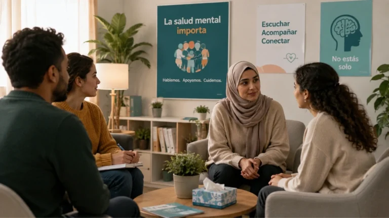 Imagen ilustrativa de un grupo de personas participando en una sesión comunitaria de apoyo en salud mental