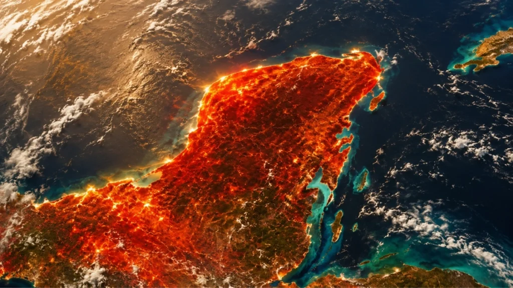 Imagen satelital ilustrativa de la Península de Yucatán bajo condiciones de calor extremo