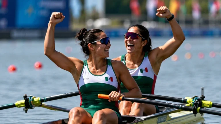 Imagen ilustrativa de dos remeras mexicanas celebrando durante una competencia internacional de remo