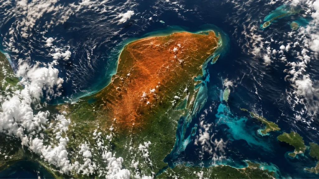 Imagen satelital ilustrativa de la Península de Yucatán bajo condiciones de calor y nubosidad