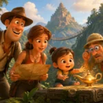 Imagen ilustrativa de una familia de exploradores descubriendo una lámpara mágica entre ruinas antiguas