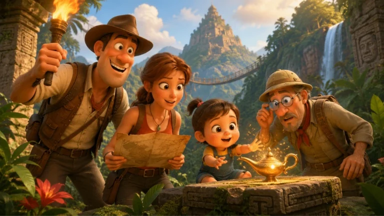 Imagen ilustrativa de una familia de exploradores descubriendo una lámpara mágica entre ruinas antiguas