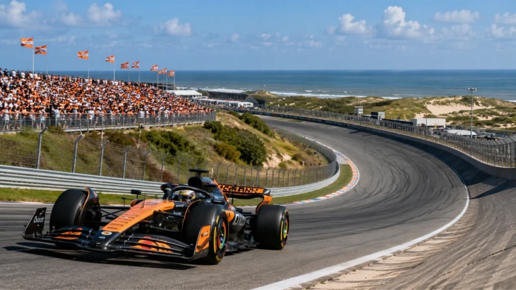 Imagen ilustrativa de un monoplaza de Fórmula 1 recorriendo el circuito de Zandvoort junto al mar del Norte