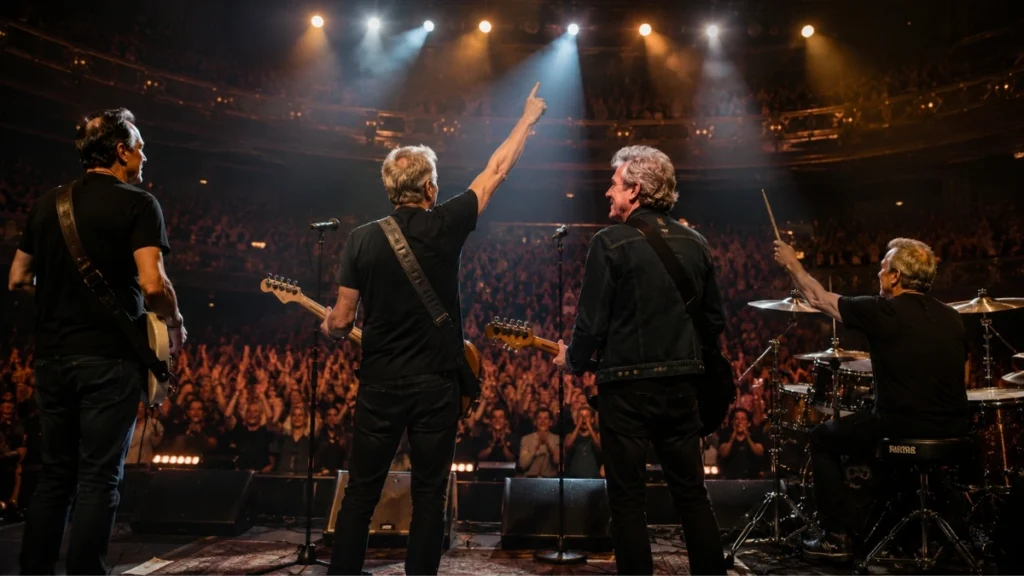 Imagen ilustrativa de una banda de cuatro músicos veteranos durante un concierto ante un gran público