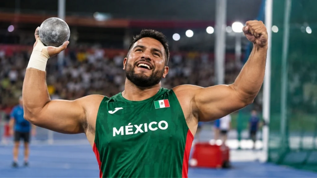 Imagen ilustrativa de un atleta mexicano de impulso de bala celebrando en un estadio