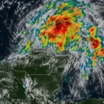 Imagen satelital ilustrativa de fuertes lluvias y tormentas sobre la Península de Yucatán