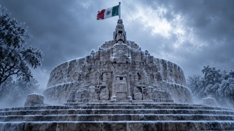 Monumento a la Patria de Mérida cubierto de hielo en una imagen ilustrativa sobre el frío en Yucatán