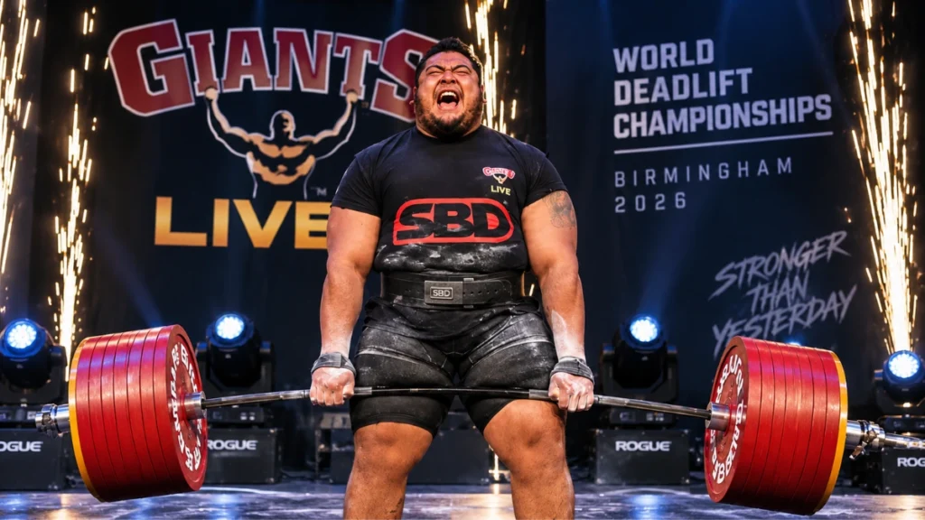 Raúl “Tayzon” Flores durante un levantamiento de peso muerto en una competencia de strongman