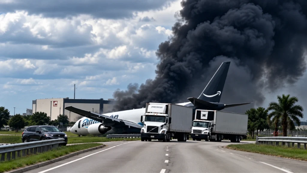 Avión de carga de Amazon junto a una carretera mientras una gran columna de humo negro se eleva al fondo
