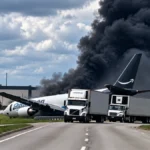 Avión de carga de Amazon junto a una carretera mientras una gran columna de humo negro se eleva al fondo