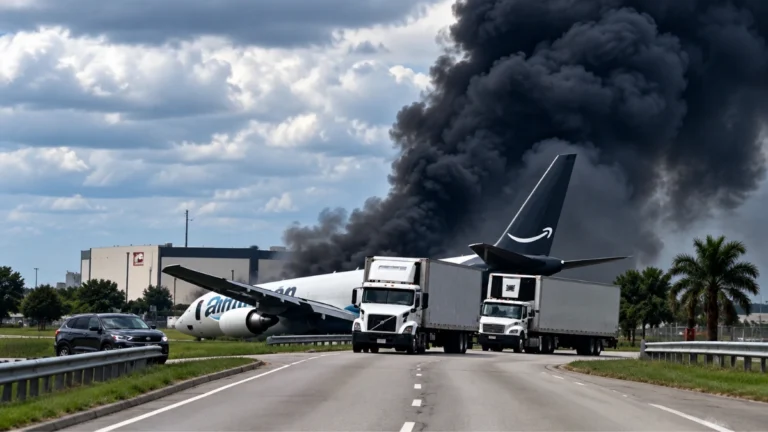 Avión de carga de Amazon junto a una carretera mientras una gran columna de humo negro se eleva al fondo