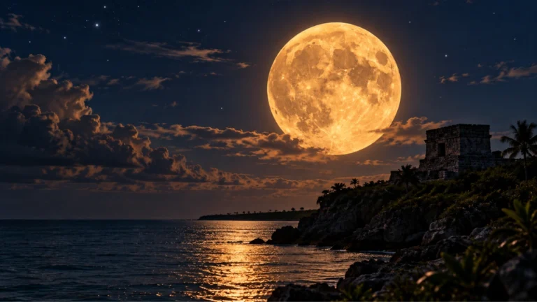 Luna llena de septiembre sobre un paisaje de Yucatán durante la noche