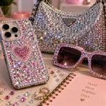 Celular, bolso, lentes y accesorios decorados con cristales y pedrería al estilo bedazzling