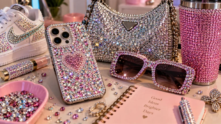 Celular, bolso, lentes y accesorios decorados con cristales y pedrería al estilo bedazzling