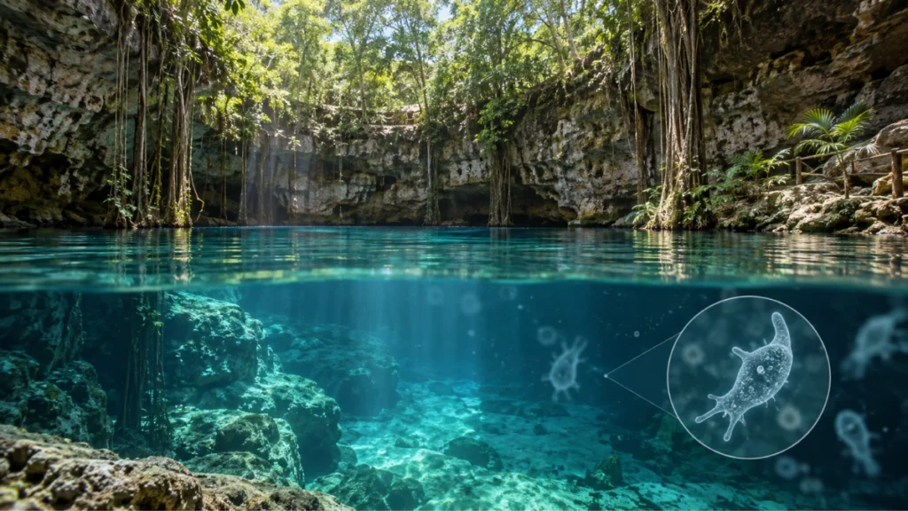 Vista vertical de un cenote de Yucatán con agua cristalina y una representación ilustrativa de un microorganismo en el agua.