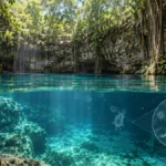 Vista vertical de un cenote de Yucatán con agua cristalina y una representación ilustrativa de un microorganismo en el agua.