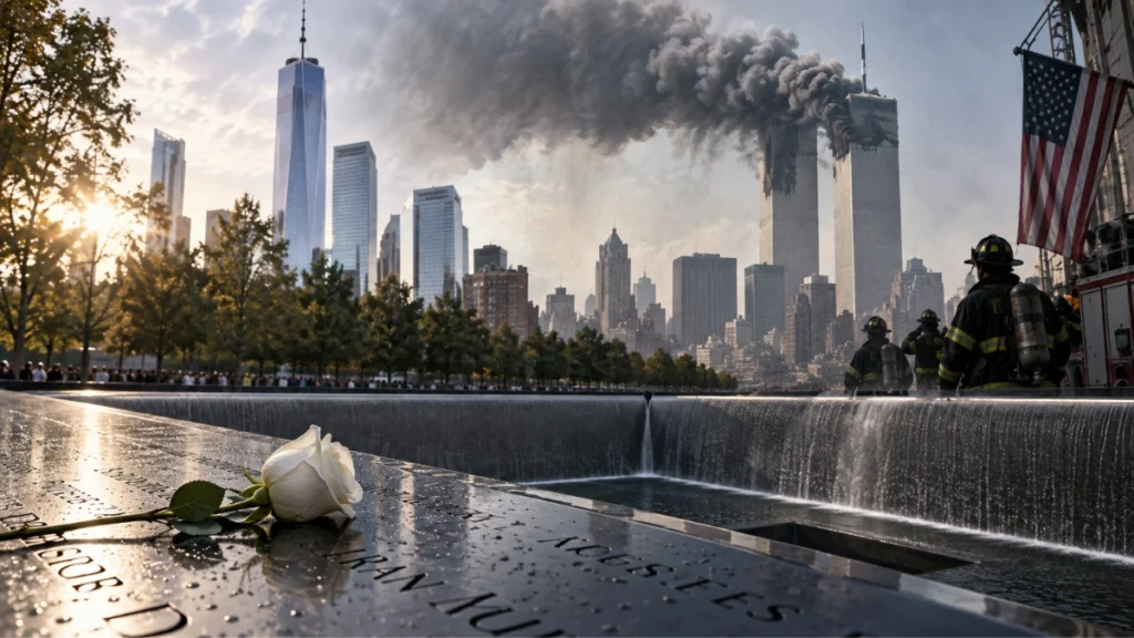 Imagen conmemorativa del 11-S que muestra una rosa blanca sobre el Memorial de Nueva York, con los rascacielos al fondo, humo sobre las Torres Gemelas y bomberos observando la escena.