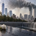 Imagen conmemorativa del 11-S que muestra una rosa blanca sobre el Memorial de Nueva York, con los rascacielos al fondo, humo sobre las Torres Gemelas y bomberos observando la escena.