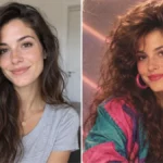 Comparativa de una mujer en una fotografía actual y su transformación con inteligencia artificial a un retrato inspirado en los años 80.