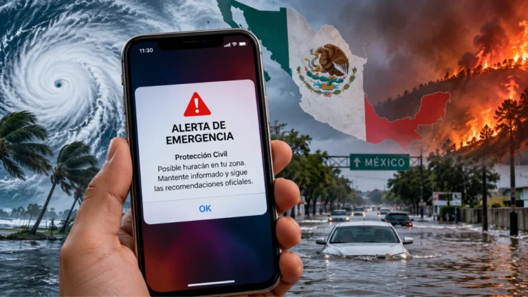 Celular mostrando una alerta de emergencia ante huracanes y fenómenos naturales en México.