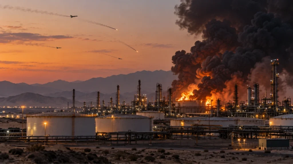 Imagen ilustrativa de un ataque con drones y misiles contra instalaciones petroleras en Arabia Saudita.