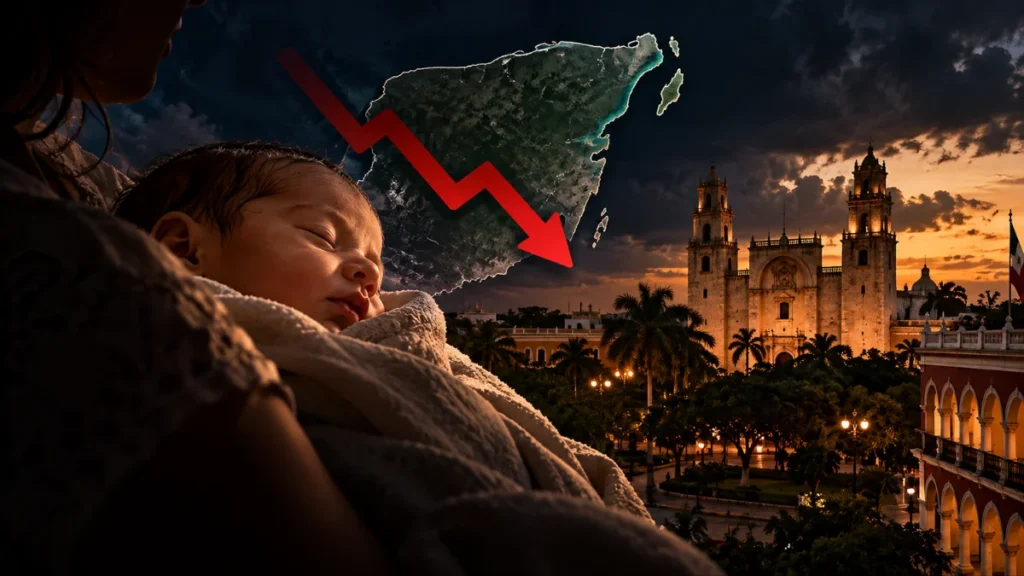 Bebé y elementos representativos de Yucatán en una imagen ilustrativa sobre la baja tasa de nacimientos en el estado.