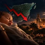 Bebé y elementos representativos de Yucatán en una imagen ilustrativa sobre la baja tasa de nacimientos en el estado.