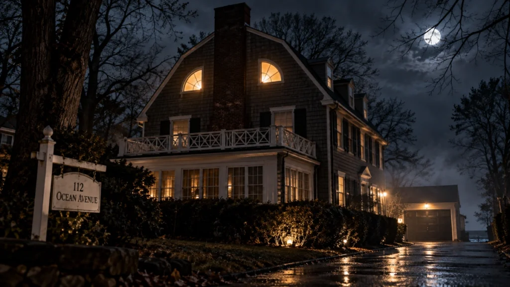 Ilustración nocturna de la famosa casa de Amityville en Ocean Avenue, Nueva York