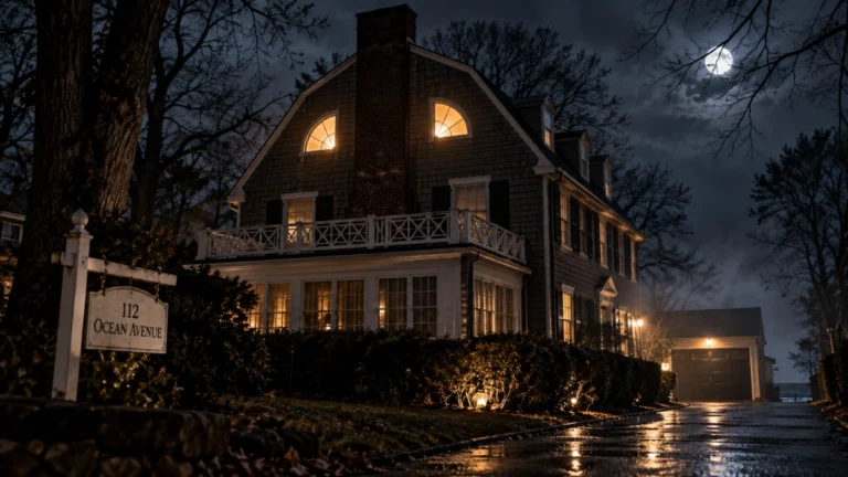 Ilustración nocturna de la famosa casa de Amityville en Ocean Avenue, Nueva York