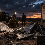 Ilustración del caso Roswell de 1947 con militares examinando restos encontrados en el desierto de Nuevo México