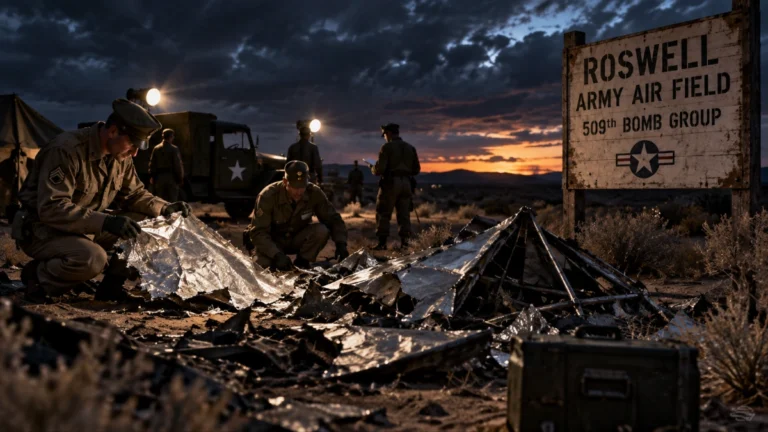 Ilustración del caso Roswell de 1947 con militares examinando restos encontrados en el desierto de Nuevo México