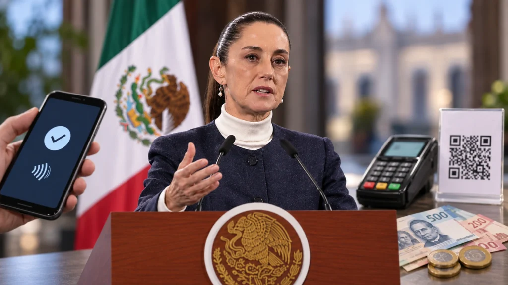 Claudia Sheinbaum al centro durante un mensaje oficial, acompañada de una terminal bancaria, un teléfono móvil y dinero mexicano como representación de los pagos digitales.