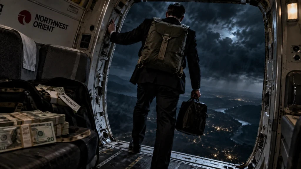 Ilustración de D. B. Cooper preparado para saltar en paracaídas desde un avión durante la noche