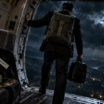 Ilustración de D. B. Cooper preparado para saltar en paracaídas desde un avión durante la noche