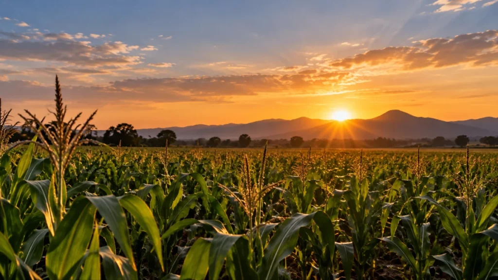 Campo de maíz en México iluminado por el Sol durante un cambio estacional