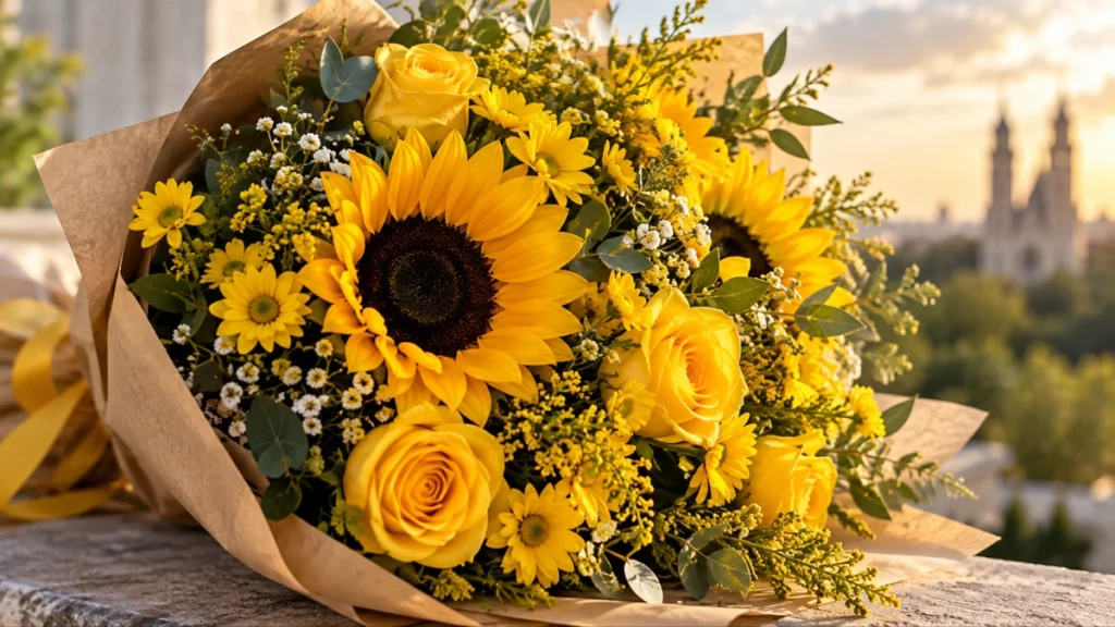 Ramo de flores amarillas con girasoles y rosas, tendencia que se populariza cada 21 de septiembre.