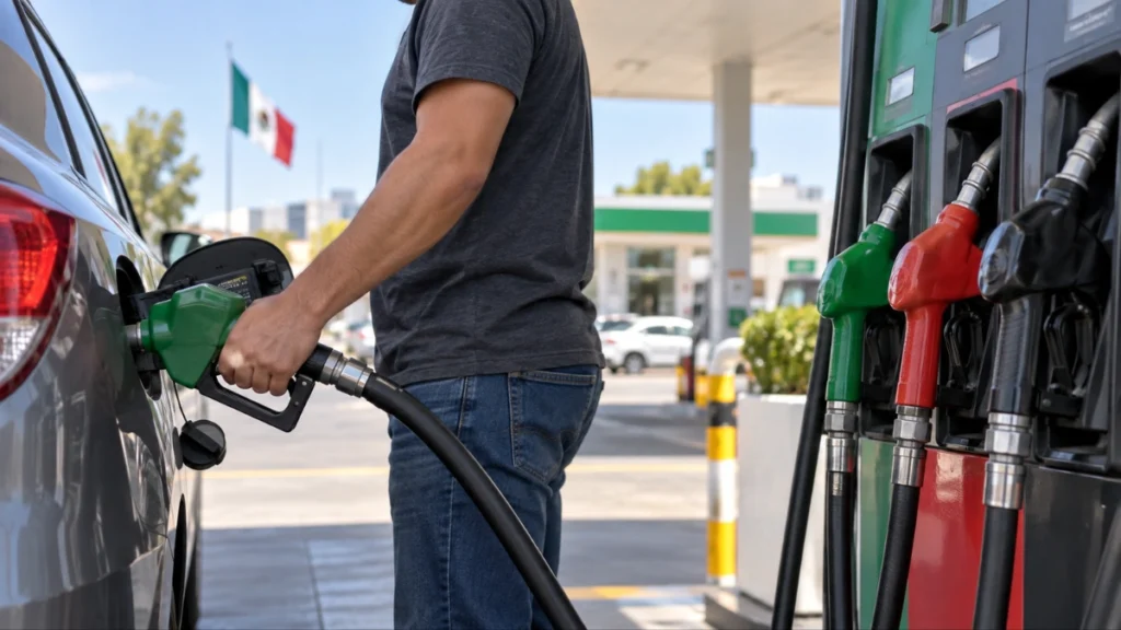 Persona cargando gasolina en una estación de servicio en México