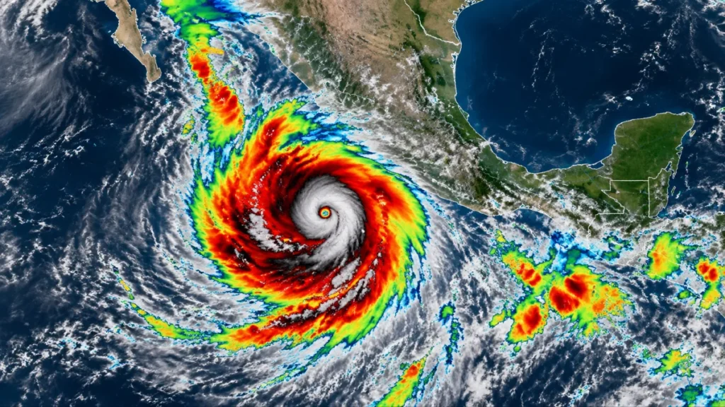 Vista satelital ilustrativa de un poderoso huracán sobre el océano Pacífico frente a las costas de México.