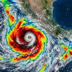 Vista satelital ilustrativa de un poderoso huracán sobre el océano Pacífico frente a las costas de México.