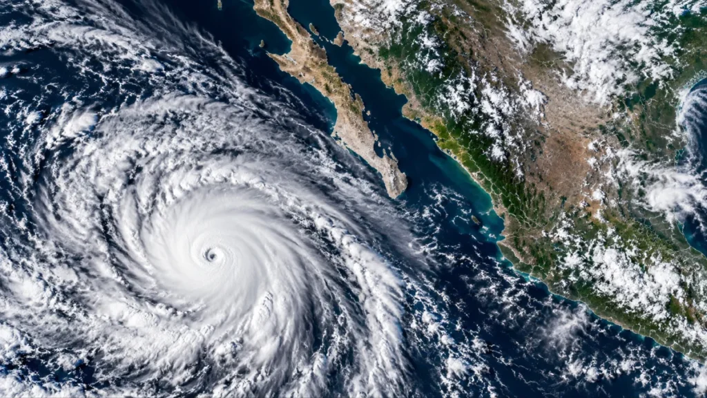 Vista satelital ilustrativa del huracán Polo avanzando sobre el océano Pacífico hacia Baja California Sur.