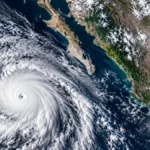 Vista satelital ilustrativa del huracán Polo avanzando sobre el océano Pacífico hacia Baja California Sur.