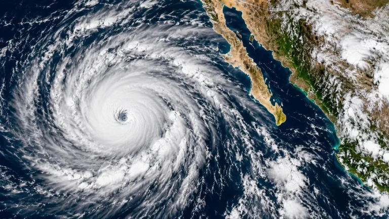 Huracán Polo se aproxima a Baja California Sur, México, visto desde perspectiva satelital
